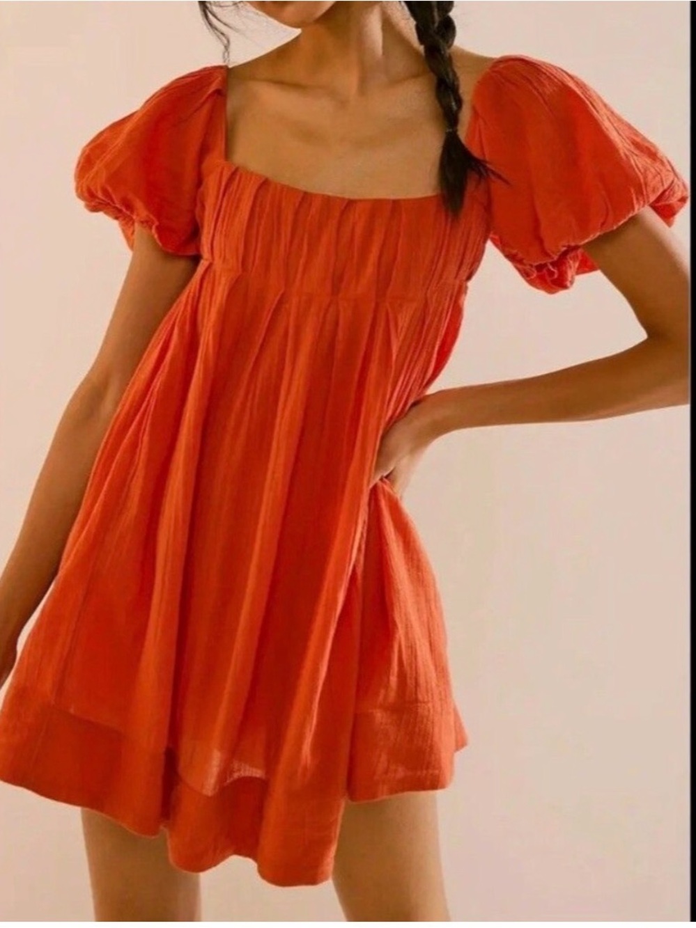 Bright Orange Puff Sleeve Babydoll Mini Dress